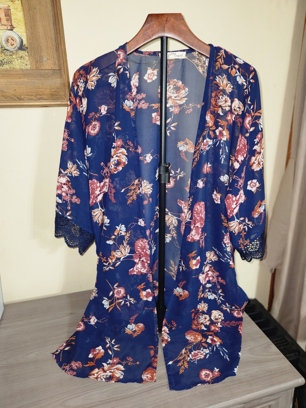 Wallflower Navy Floral Lace-Trim Kimono